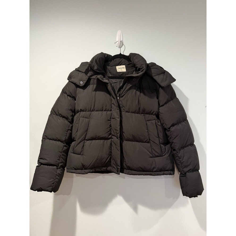 NWOT Halara Puffer Jacket Women XL Black Down Filled Removable Hood Zip Pockets